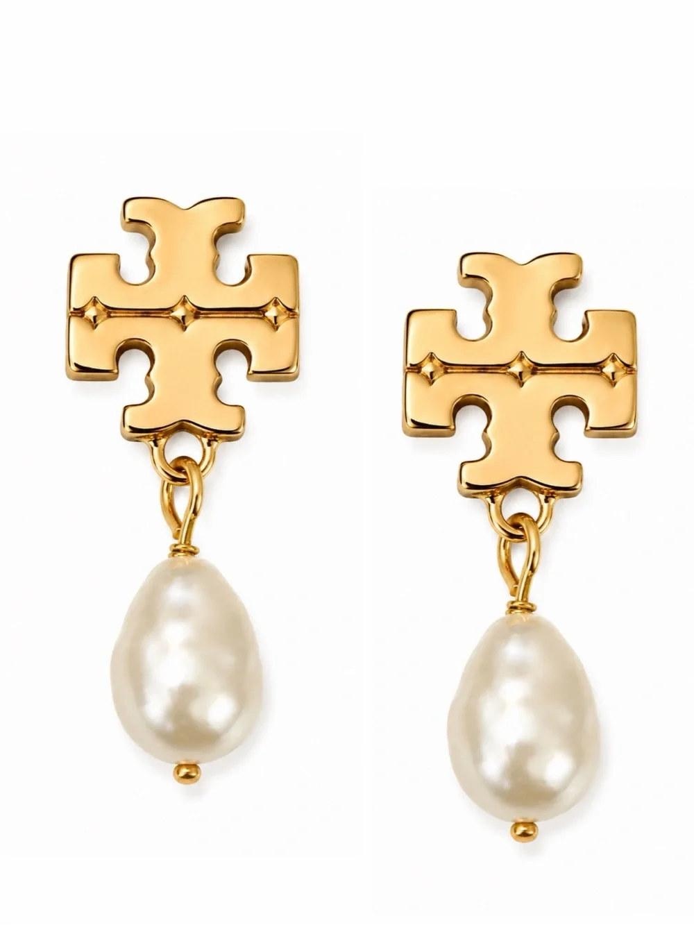 TORY BURCH • Gold Logo Baroque Pearl Drop Earrings